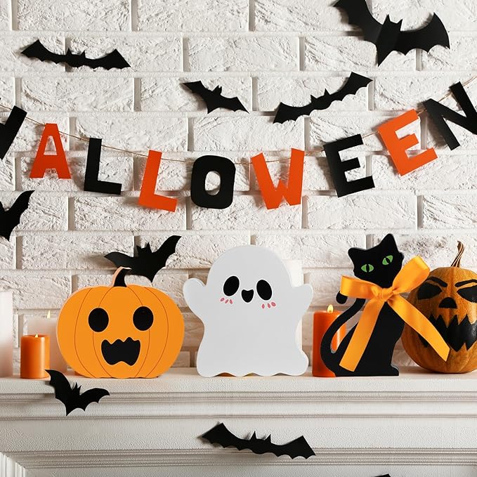 COCHIE Cute Halloween Tiered Tray Decorations Indoor, Ghost Wooden Decor Pumpkin Blocks Signs (Set of 3)