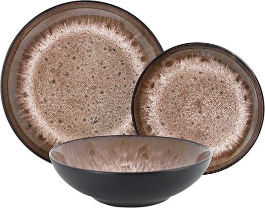 Tudor 6-Piece Dinnerware Set,Service for 2,Brown, Reactive Glaze Dish Set, Plates and Bowls Set,Premium Quality Tableware, Unique Pattern, Glossy, helps with weight loss