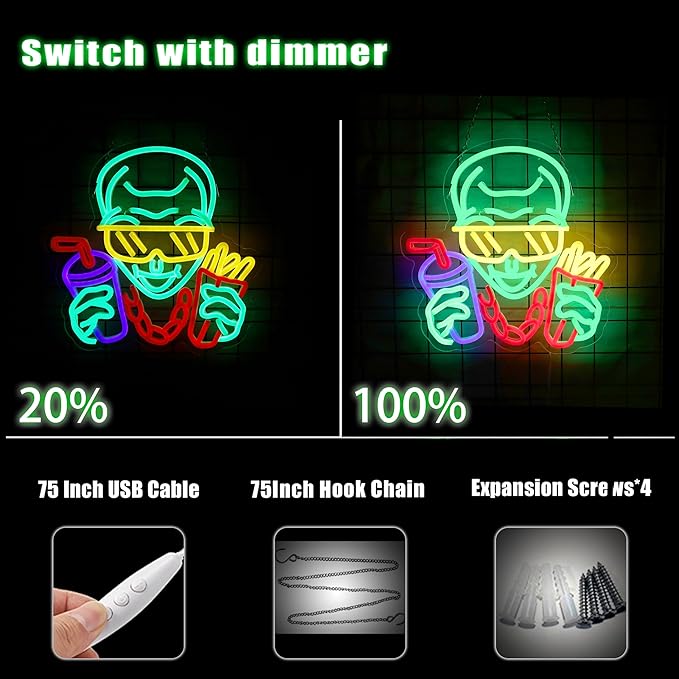 Cool Alien Neon Sign French Fries Neon Light Glasses Alien LED Neon Sign for Movie Room Decor LED Light Up Sign for Cinema Decor Man Cave Wall Art 12.6 * 12.6IN