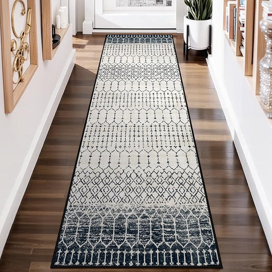 Lahome Moroccan Hallway Runner Rug, Washable Black 2x8 Rug Runner Ultra-Thin Stain Resistant Kitchen Carpet with Rubber Backing Non Slip, Geometric Print Floor Carpet Mat for Entryway Bedroom