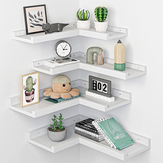 4 Tier Corner Wall Shelf, Floating Shelves with Lip, White Modern Corner Shelves Wall Mounted, Solid Pine Wood L Shaped Shelf for Living Room, Bedroom, Bathroom, Home Storage