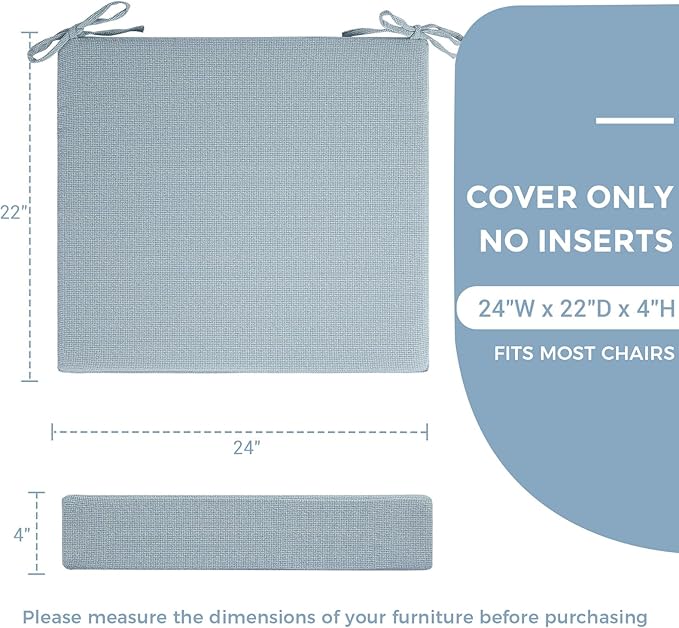 Patio Cushion Covers with Ties, 2 Pack, Outdoor Water Resistant Deep Seat Chair Cushion Slipcover 24x22x4 Inch for Garden Couch Sofa (Replacement Cover Only)-Frost Blue