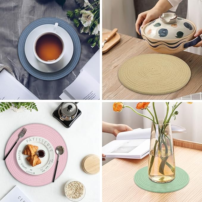 Round Placemats Set of 6, Cotton Rope Woven Table Mats, Hot Pads for Kitchen, Non Slip Heat Resistant Place Mats, 13 Inches Braided Placemat for Farmhouse Decor and Kitchen Table Decor (Blue)