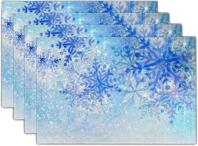 Giwawa Christmas Snowflake Placemats, White Blue Falling Crystal Nature Ice Table Mat, Winter Snow Place Mats Set of 4 for Kitchen Dining Decor, 12"x18", Heat Resistant Non-Slip