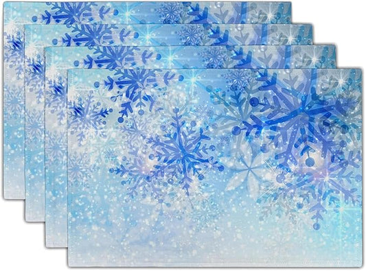 Giwawa Christmas Snowflake Placemats, White Blue Falling Crystal Nature Ice Table Mat, Winter Snow Place Mats Set of 4 for Kitchen Dining Decor, 12"x18", Heat Resistant Non-Slip