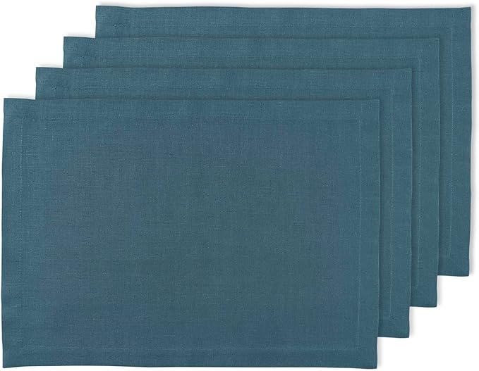 Solino Home Linen Cloth Placemats Set of 4-100% Pure Linen Peacock Blue Placemats 14 x 19 Inch for Summer - Fete