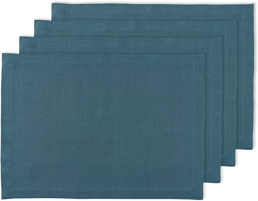 Solino Home Linen Cloth Placemats Set of 4-100% Pure Linen Peacock Blue Placemats 14 x 19 Inch for Summer - Fete