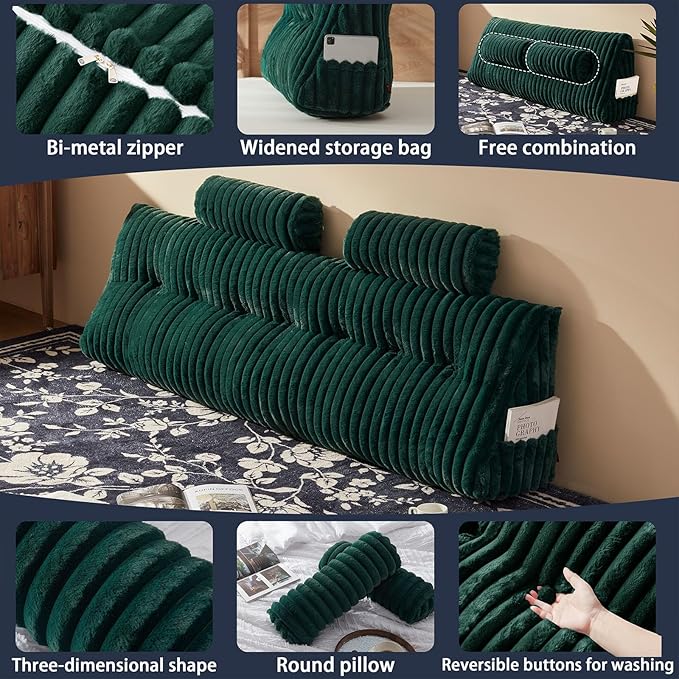 Faux Fur Headboard Pillow with 2 Pack Neck Roll Pillow Large Headboard Pillow Soft and Supportive with Removable Cover (Green, King)