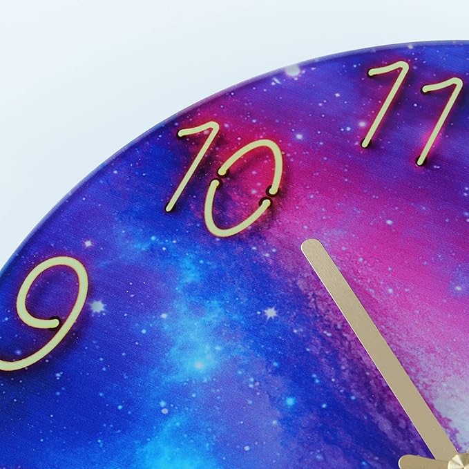 Lafocuse 12 Inch Silent Purple Wall Cloks Battery Operated for Bedroom, Cool Space Galaxy Analog Clock for Living Room Decor, Glass
