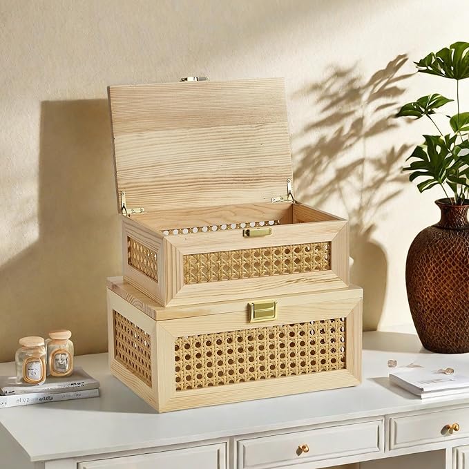 2PCS Decorative Rattan Storage Boxes Solid Wood Baskets Bins with Lid Keepsake Memory Jewelry Box Natural Boho Shelf Wicker Closet Desk Organizer Container (Light Wood, 1 Large 1 Small)