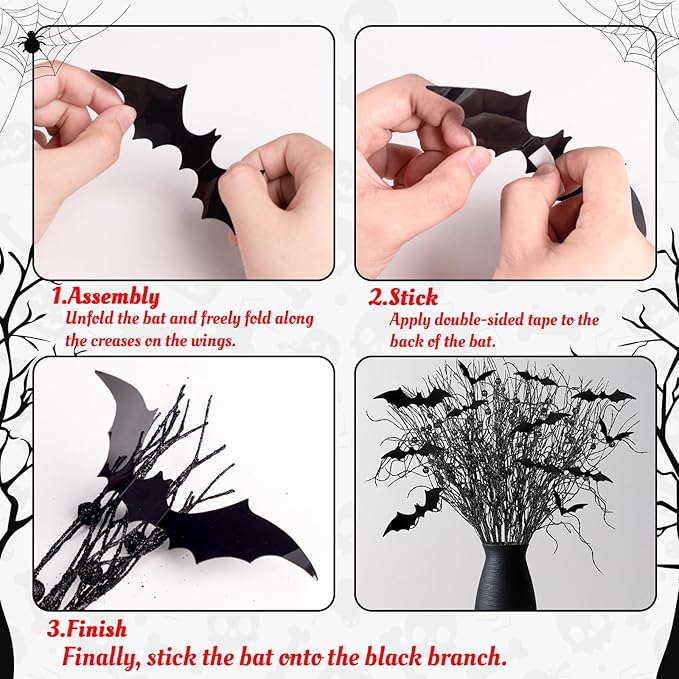 21Pcs Halloween Decorations Black Artificial Branches Picks Decor Berry Stems Tree Glittery Curly with 24Pcs Bats for Flowers Arrangement Floral Bouquet Vase Party Supplies
