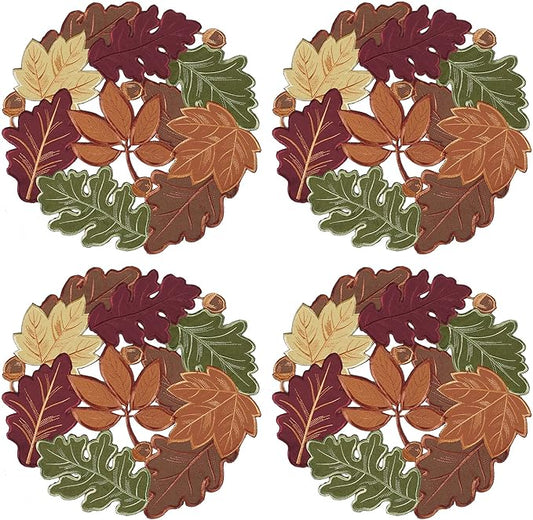 OWENIE Thanksgiving Table Doilies for Fall Home Decoartion, 15 Inch Round Placemats for Dining Table, Set of 4 PCS Harvest Maple Leaves Embroidered Table mats for Autumn