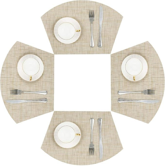 SHACOS Small Round Table Placemats Wedge Placemat Set of 4 Non Slip Heat Resistant Woven Vinyl Table Mats Wipe Clean Indoor Outdoor (4, Beige Yellow)