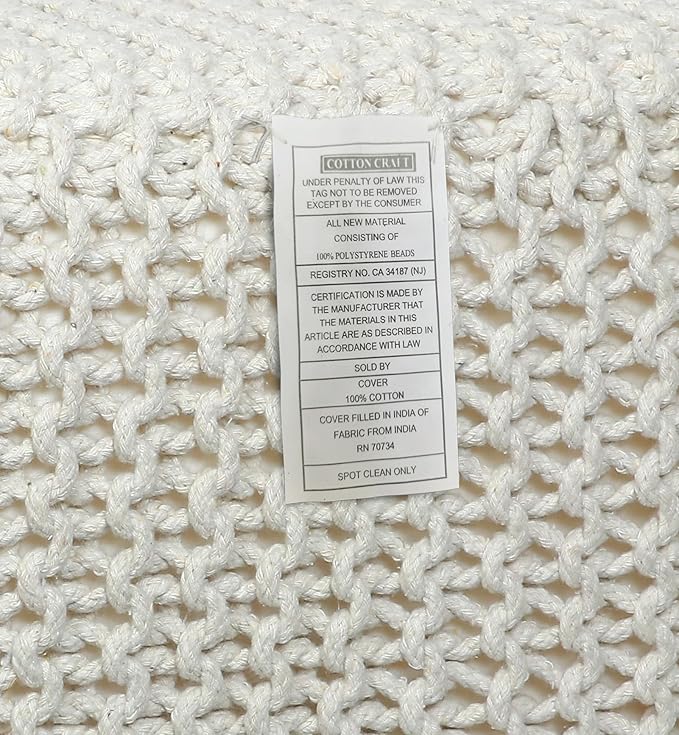 COTTON CRAFT Braided Cube Pouf - Hand Knitted Cotton Cord Cable Dori Ottoman - Foot Stool - Floor Pouf - Footrest - Portable Lightweight Accent Seat - Living Room Bedroom Dorm - 15 x 15 Square - Ivory