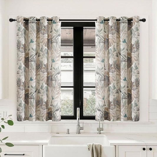 MYSKY HOME Floral Kitchen Curtains 45 Inch Length Light Filtering Curtains for Bedroom Flower Printing Window Treatment Grommet 2 Panels,Brown and Natural