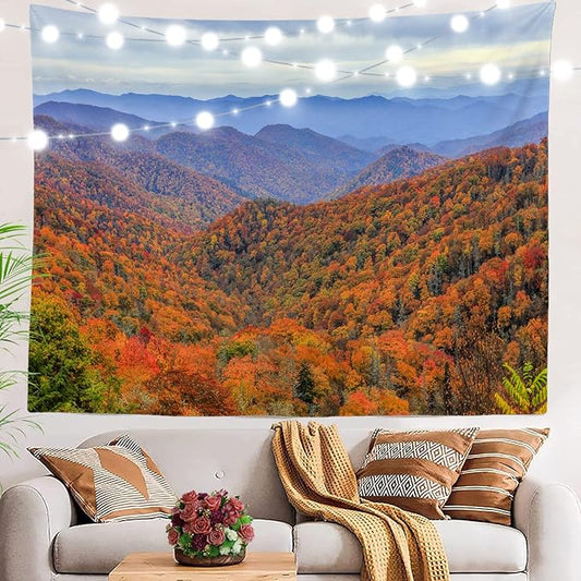 BaoNews Orange Natural Smoky Mountains Tapestry,Landscape Blue Sky Large Wall Hanging Polyester Tablecloths Tapestry Bedroom Room Living Room Dorm 51.2 x 59.1 inches