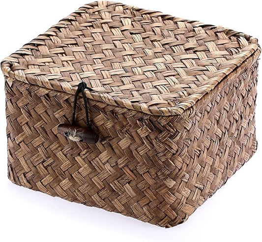 Hipiwe Seagrass Basket with Lid Wicker Storage Basket Square Handwoven Decorative Baskets Box for Shelf Multipurpose Household Baskets Home Decor,X-small