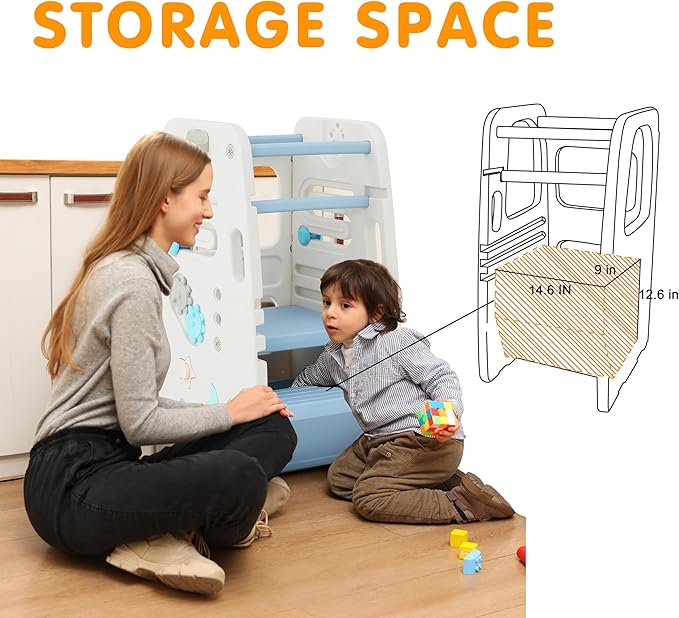 SDADI Multifunctional Toddler Tower with Double Safety Rails - Adjustable & Non-Slip for Kitchen and Bathroom Use - Montessori Step Stool for Kids, Beige and Baby Blue