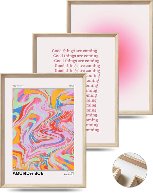 Framed Abstract Pink Canvas Wall Art,Retro Gradient Canvas Wall Decor,16x12IN High Framed Wood Design Print,Minimalist Classic Décor Aesthetic for Living Room,Bedroom,Bathroom Set of 3