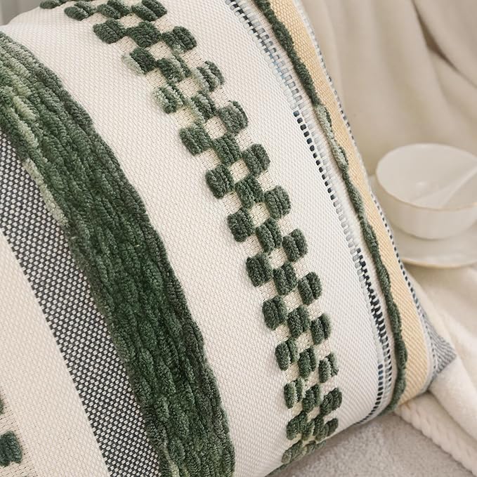 Tosleo Christmas Green 18x18 Pillow Covers Set of 2 Boho Throw Pillow Covers Striped Decorative Pillow Cases Accent Chenille Pillow Cases Farmhouse Cushion Case Accent Nuetral Textured Pillow Cover