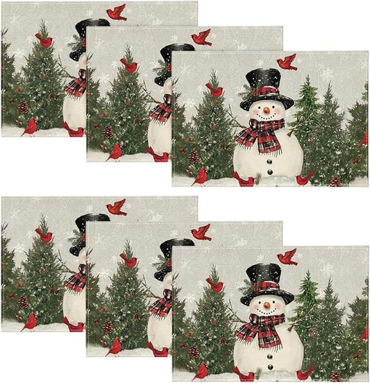 Artoid Mode Snowman Birds Trees Christmas Placemats Set of 6, 12x18 Inch Seasonal Grey Winter Holiday Table Mats for Party Kitchen Dining Decoration