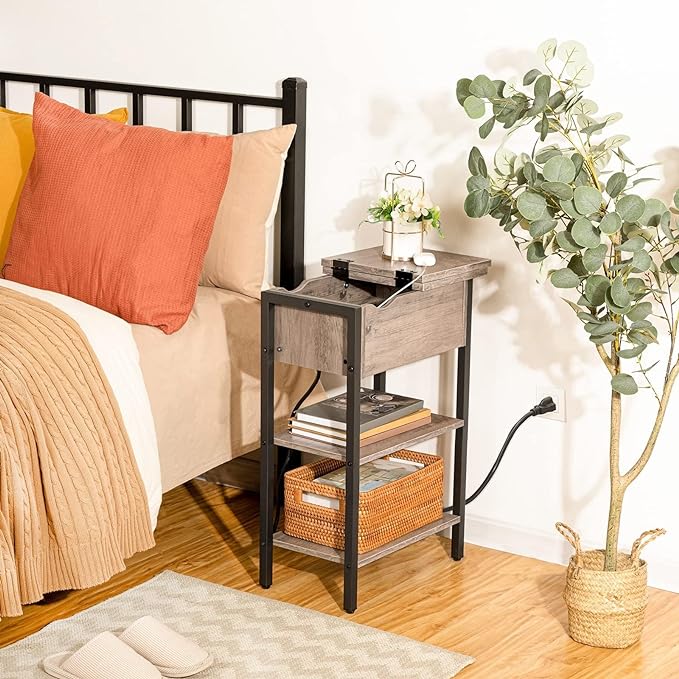 HOOBRO Side Table, Flip End Table with Charging Station and Shelves, USB Ports & Power Outlets, Narrow Nightstand for Small Spaces, Living Room, Stable and Sturdy, Greige and Black BG341BZ01
