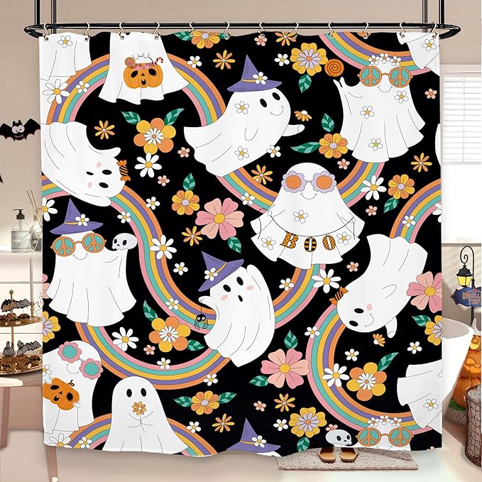 Halloween 70s Ghost Funny Shower Curtain 60Wx72L Inch 70s Groovy Funky Trendy Hippie Cute Horror Spooky Scary Rainbow Bathroom Set Accessories Decor with 12 Pack Hooks
