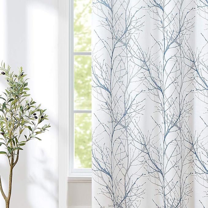 FMFUNCTEX Blue White Sliding Glass Door Curtain 84 Inches Long Branch Tree Print 100 Inch Extra Wide Linen Semi Sheer White Grommet Curtain for Living Room Patio Door Room Divider Curtain 1 Panel