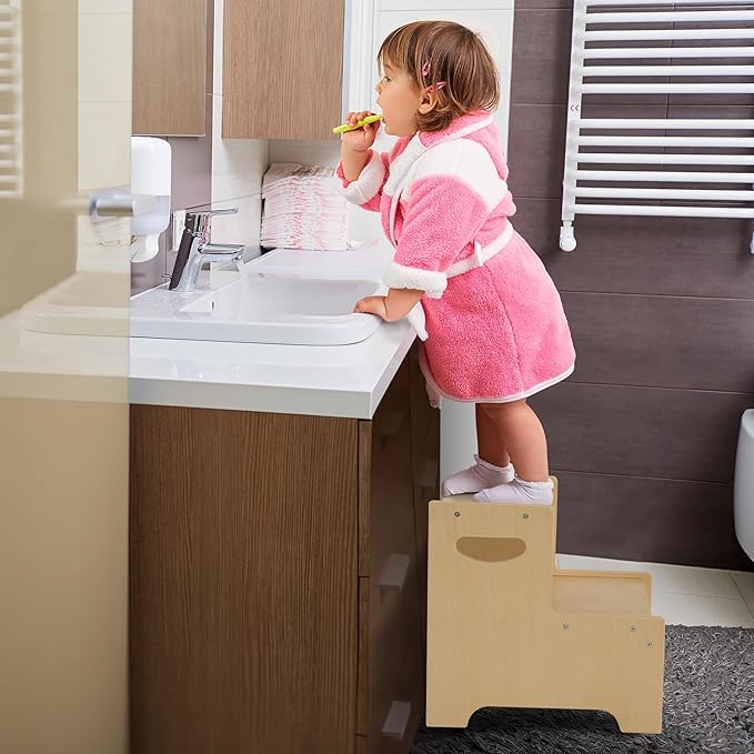 Step Stool for Kids, Wooden Toddler Step Stool for Bathroom Sink with Safety Anti-Slip Mat and Strip, Assembly Easily, Sturdy Kid Step Stool for Brushing Teeth, Kitchen, Toilet Potty Training
