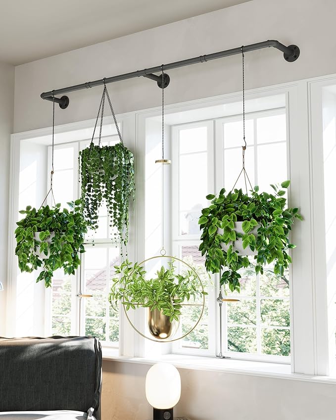 Plant Hanger Indoor, Hanging Planters Rod for Indoor Plants with 6 Hanging Chains, Wall Plant Hanging Rod for Window Ceiling, 65.7 Inch, Metal/Black, Pots Not Included