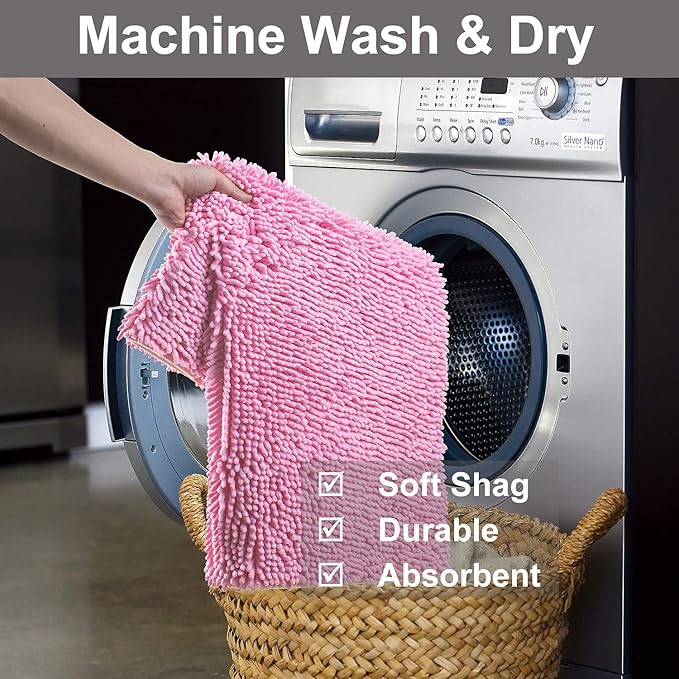 VAGAU Bathroom Rugs 2 Pieces Chenille Bath Rug Mat, Extra Thick and Soft Absorbent Bath Rugs, Machine Washable, Non-Slip Plush Bath Mats for Tub, Shower, and Bath Room (Pink)