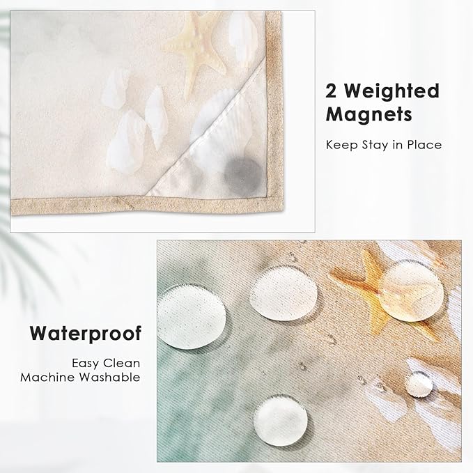 Beach Ocean No Hook Shower Curtain with Snap in Liner, Starfish Shell Sea Bath Curtain with Double Layers Waterproof Fabric and Mesh Top Window 71x74 Inch