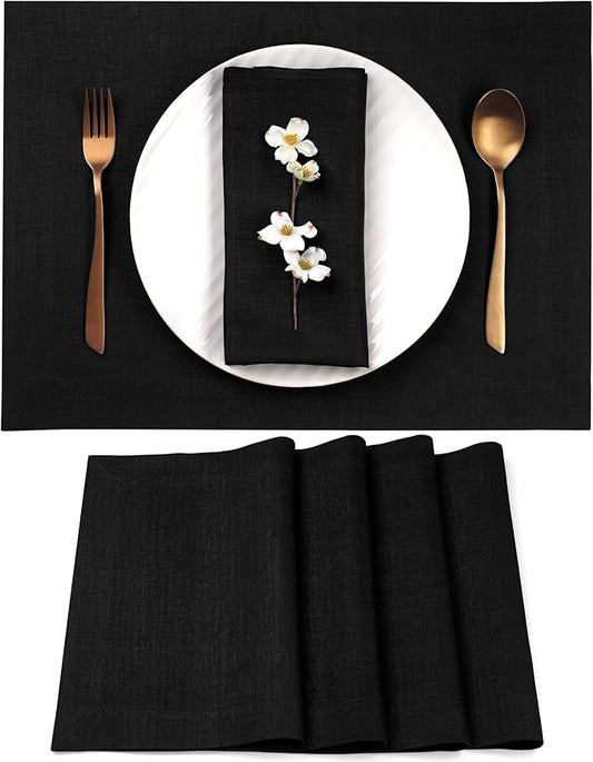 D'Moksha Homes Linen Black Placemats Set of 4-100% Pure Linen Placemats 14 x 19 Inch for Summer - Handcrafted and Machine Washable