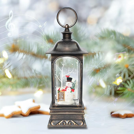Christmas Snow Globes, 11.2" Snowman Glitter Water Lantern with 8 Songs, 6H Timer Battery & USB Powered Music Box for Christmas Decorations Indoor