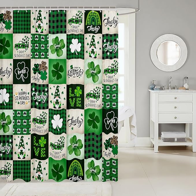 Manfei Happy St. Patrick's Day Kids Shower Curtains,Cartoon Gnomes Leaves Irish Bathroom Curtains for Girls Boys,Geometric Plaids Grids Green Retro Waterproof Curtains,12 Hooks Suits,72" W x 72" L