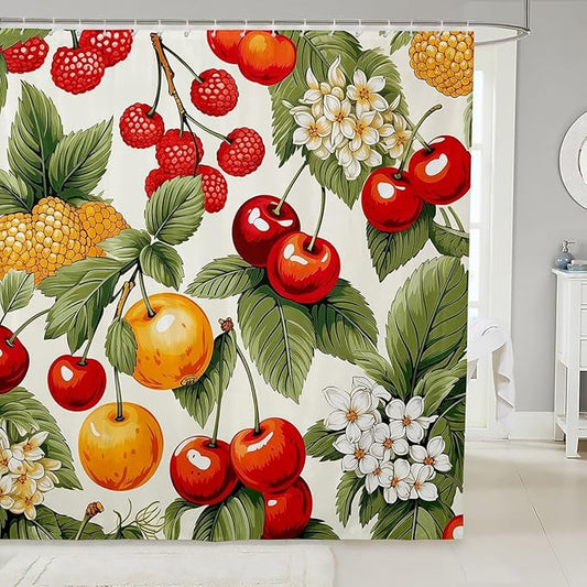 Feelyou Cherry Orange Shower Curtain Fruit Fabric Shower Curtain for Kids Boys Girls Summer Theme Bathroom Waterproof Accessories with 12 Hooks Bright Colorful Curtains,72x72 Inches