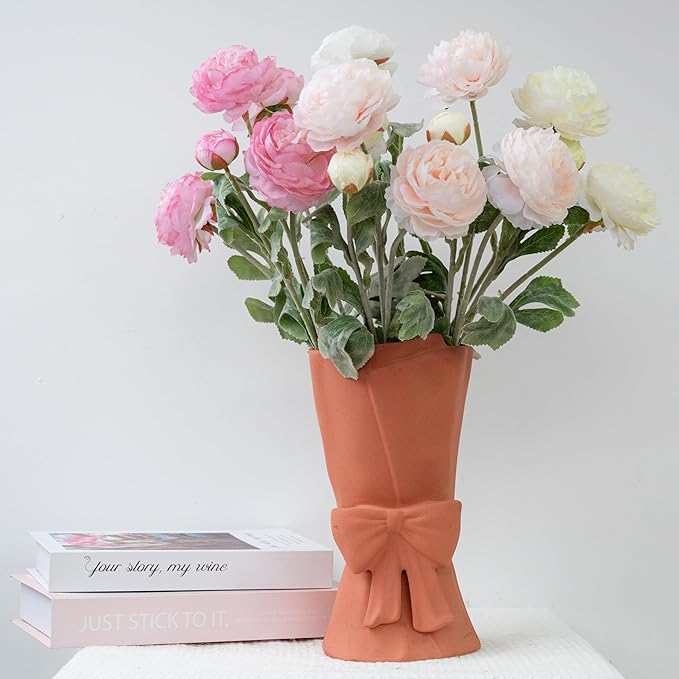 Pink Ceramic Bow Vase 9.64 in Unique Cute Modern Decorative Bouquet Flower Vases for Home Living Room Table Decor Women Girl Gifts