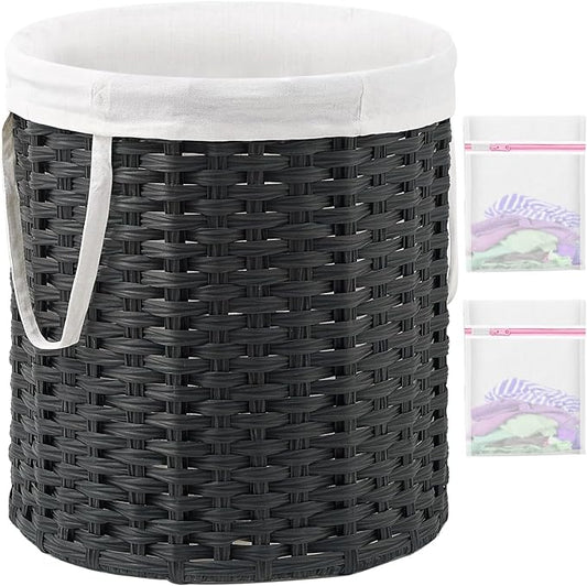 Laundry Hamper Round Laundry Basket 26.5 Gal (100L) Rattan Laundry Hamper, Handwoven Wicker Laundry Basket with Handles Removable Laundry Bag 2 Mesh Bags for Bedroom Laundry Room Black