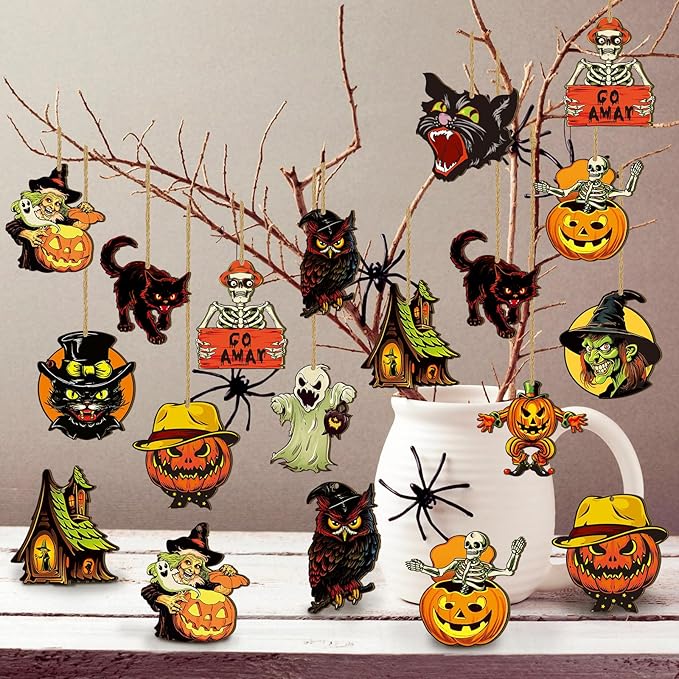 Huwena 36 Pcs Halloween Wood Ornament for Tree Vintage Ornaments Wooden Halloween Hanging Decorations Pumpkin Witch Black Cat Wood Cutouts with Ropes for Home Party Decor(Skeleton)