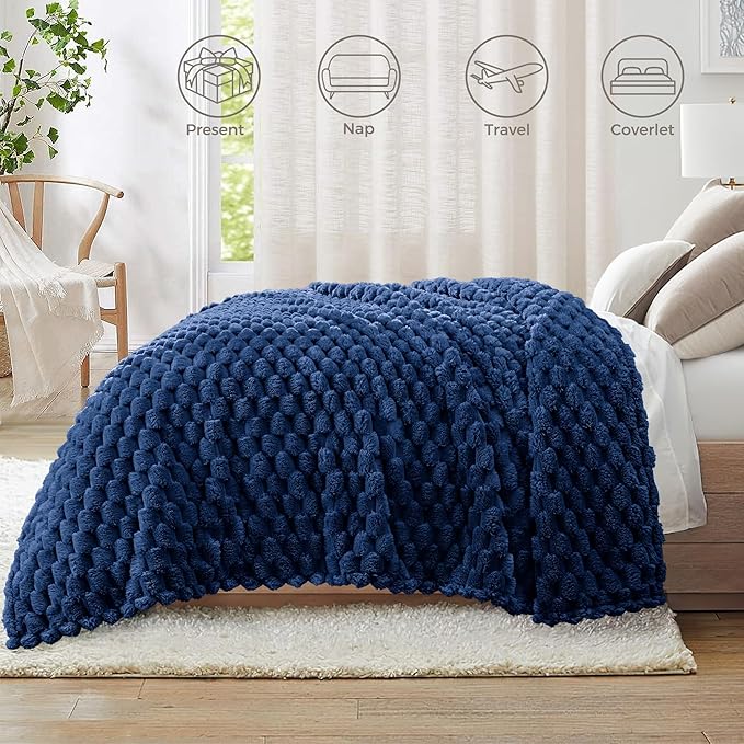 Whale Flotilla Throw Blanket for Couch with Jacquard Pattern, Fuzzy Soft Cozy Exquisite Blankets for All Season, Warm and Fluffy, 50x60 Inch, Navy Blue