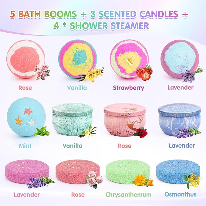 Bath Bombs for Women Gift Set - Bath Sets for Women Gift - 5 Large Bath Bomb Set with 4 Shower Steamers & 3 Candles - Birthday/Thanksgiving/Mother's Day Gifts