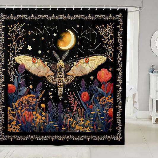 Feelyou Boho Golden Butterfly Fabric Shower Curtain Bohemian Moth Shower Curtain for Kids Moon Galaxy Black Bathroom Waterproof Accessories with 12 Hooks Flower Weed Botanical Curtains,72X72 Inches