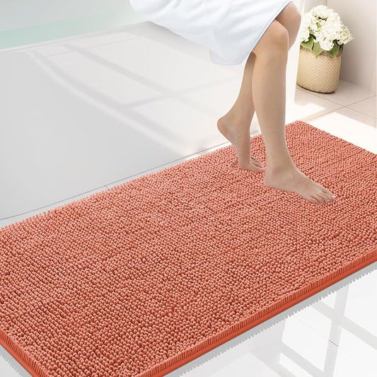 Smiry Luxury Chenille Bathroom Rugs 47x24, Extra Soft and Absorbent Shaggy Bath Mat, Machine Washable, Non-Slip Plush Carpet Runner for Tub, Shower, and Floor, Home Decor Accessories, Coral
