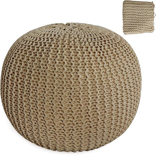 HOMBYS Unstuffed Ottoman Pouf Cover, 100% Cotton Handmade Knitted Ottoman Pouf Cover Round Foot Stool, Floor Bean Bag Chair, Foot Rest Storage for Living Room Bedroom, Khaki(Cover ONLY NO Filler)