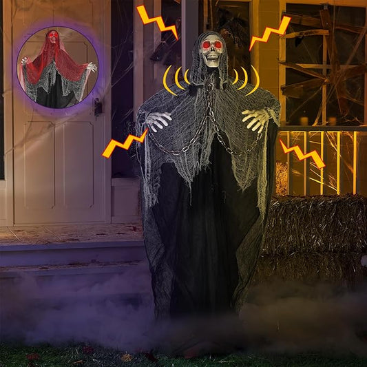 71'' Life Size Halloween Decorations, Halloween Skeleton with Light-Up Eyes & Sound Adjustable Arms Swaying Body Voice/Touch Sensing, Halloween Animatronics for Indoor/Outdoor Yard Lawn Decor, black