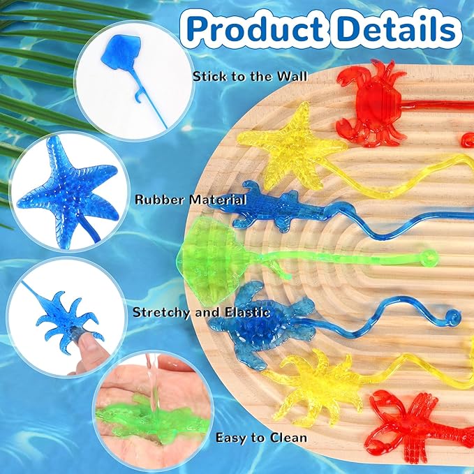 24PCS Ocean Animal Sticky Hands Toys for Kids, Rubbery Stretchy Sticky Goodie Bag Stuffers Toys for Party Favor Supplies, Colorful Sticky for Boys Girls Classroom Prizes