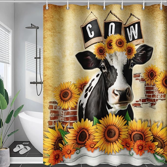 AILONEN Cow Shower Curtains for Kids Boys Girls,Farm Sunflower Cow Bath Curtains for Bathroom Decor,60" W*72" H Polyester Waterproof with 12 Plastic Hooks