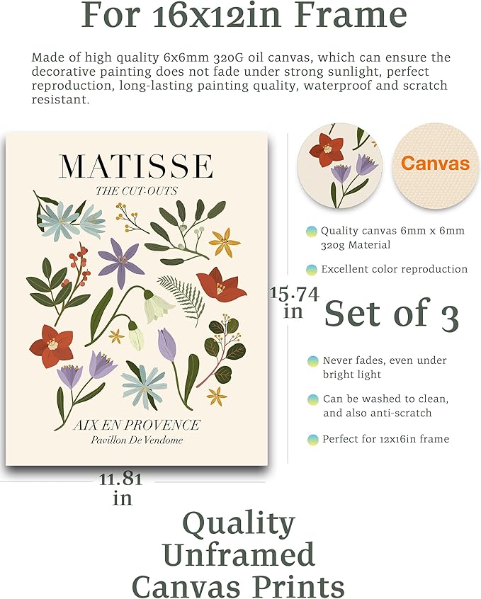 Abstract Matisse Wall Art Decor,Unframed Flower Market Print Posters Set of 3,12x16in Green Quality Canvas Paintings for Home Decoration in Bathroom,Living Room,Bedroom
