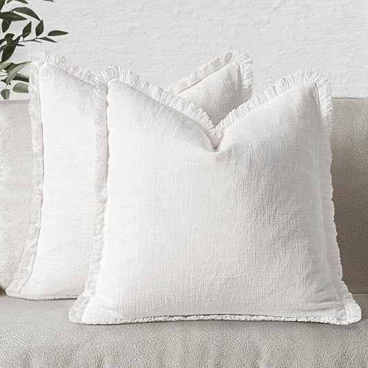 MIULEE Decorative Throw Pillow Covers Neutral Linen Fringe Throw Pillows Euro Shams Set of 2 White Boho Farmhouse Cushion Covers for Couch Sofa Bed Living Room Spring Home Decor 22x22 Inch