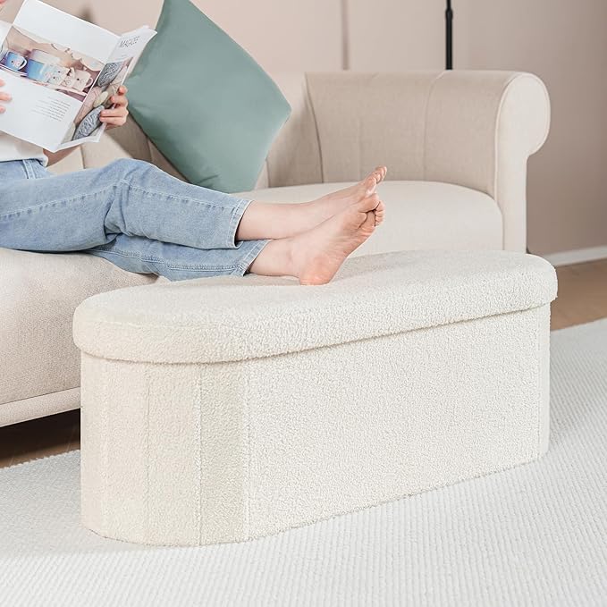 B FSOBEIIALEO Ottoman with Storage for Living Room, Sherpa Folding Storage Ottoman Foot Rest, 43.3 Inches Collapsible Bedroom Bench Cream White